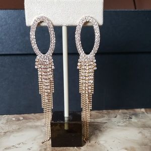 Oval Shape Rhinestone Tassel Earrings